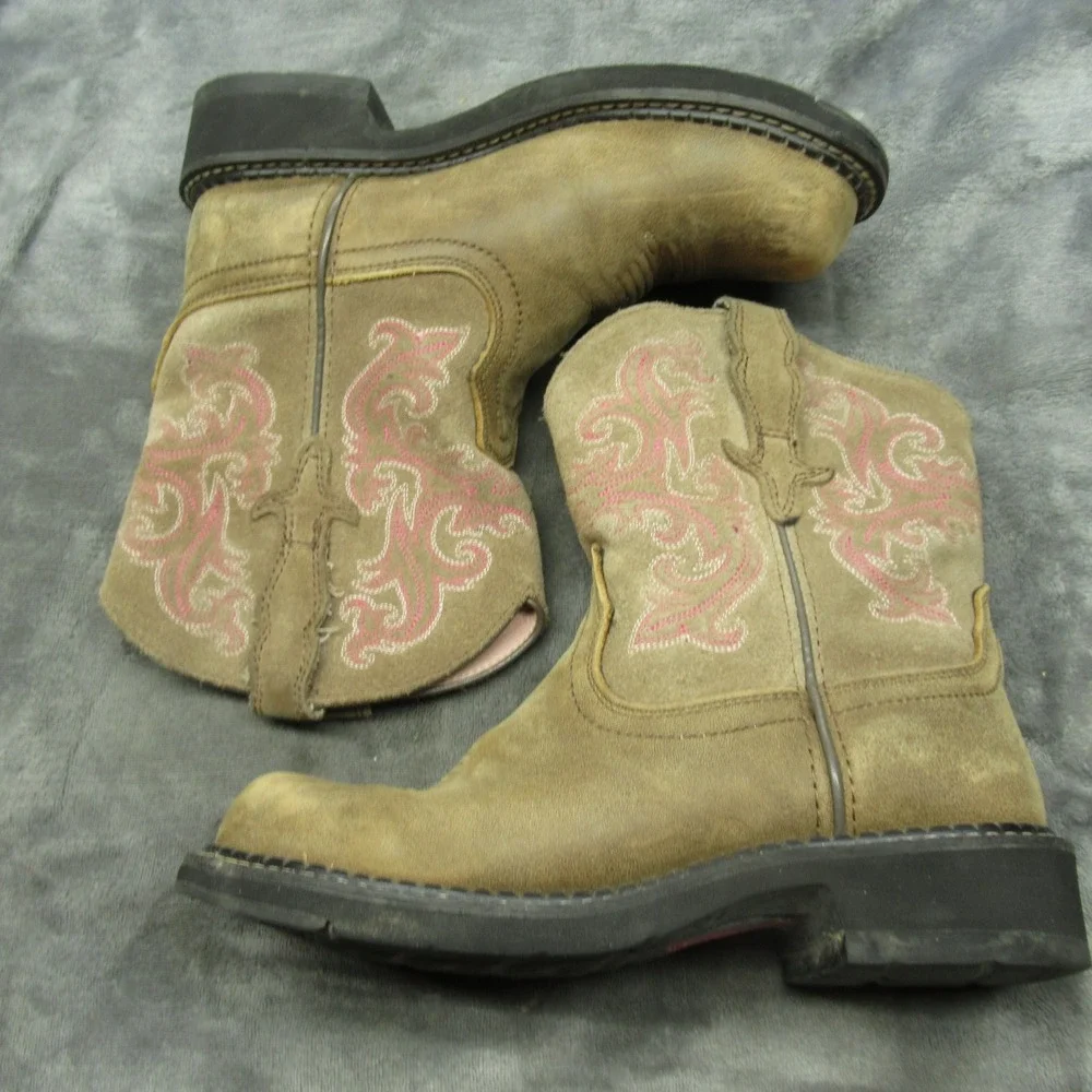Ariat‎ Girls Boots 6 B Pink Embroidered Tan Leather Square Toe Fatbaby II Cowboy